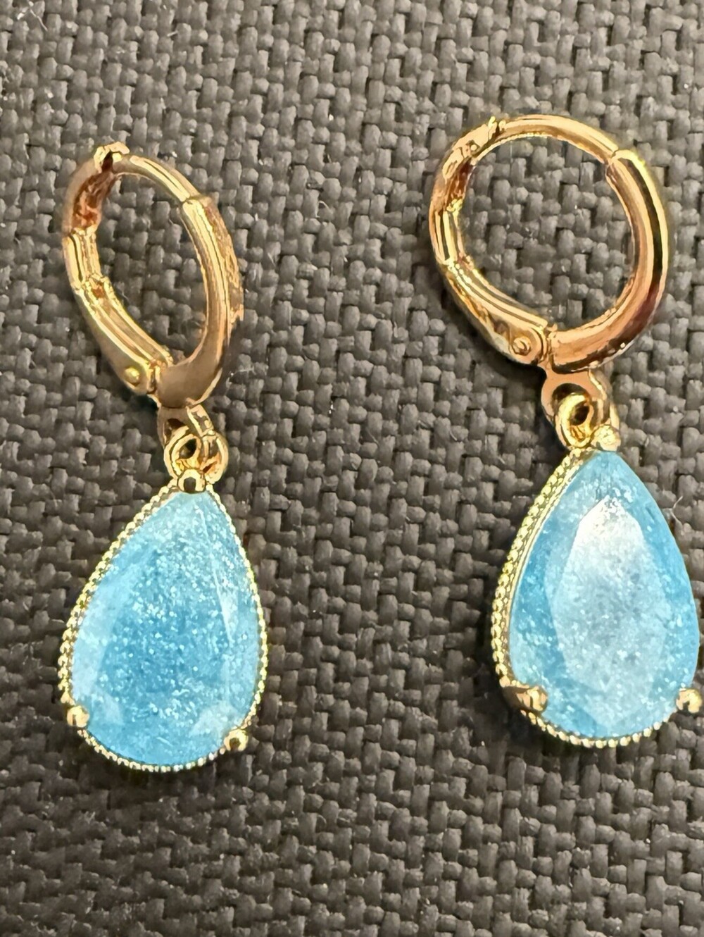 Gold Tone Blue Teardrop Dangle Huggie Hoop Earrings Textured Statement Jewelry